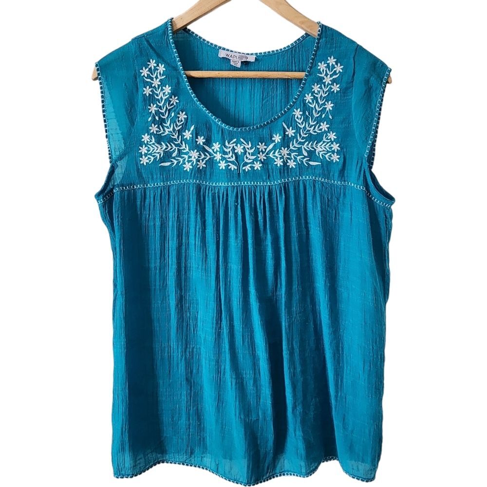 WAPI Turquoise Blue  & White Sleeveless Embroidered Top Women Size 2X